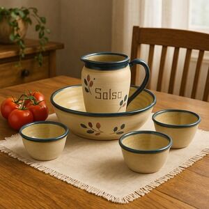 Handmade Pottery Salsa Set Bowl Pitcher & 3 Dip Cup Blue Trim Speckled Stoneware